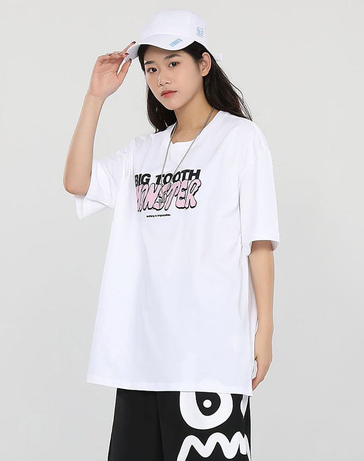 Street style alphabet print loose sleeved cotton T-shirt