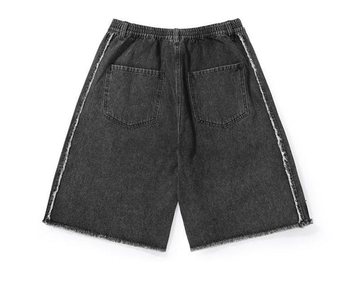 Deconstructed Print Frayed Side Zip Denim Shorts