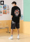 Punk Style Color Block Print Raw Edge Multi-pocket Denim Shorts