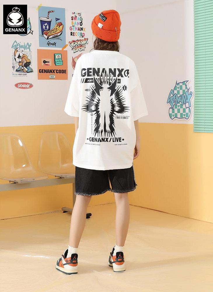 Street Style Letter Graffiti Loose Dropped Shoulder Sleeve Cotton T-shirt