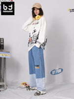 Fade color letter print stretch waistband loose straight leg jeans