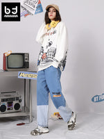 Fade color letter print stretch waistband loose straight leg jeans