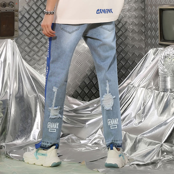 【GENANX2024NEW】Light blue cat whiskers ripped print patch jeans