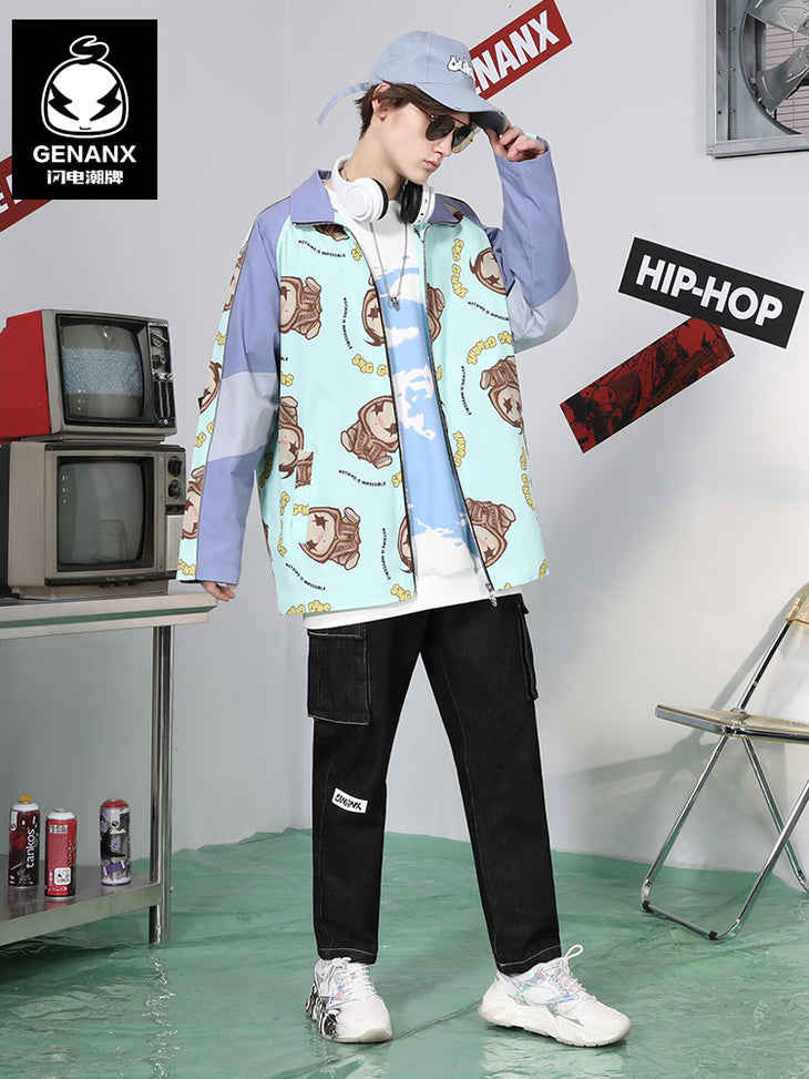 Color Block Print Dropped Sleeves Stand Collar Jacket