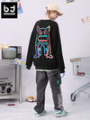 Candy-colored Bigtooth print crew-neck sleeved cotton hoodie