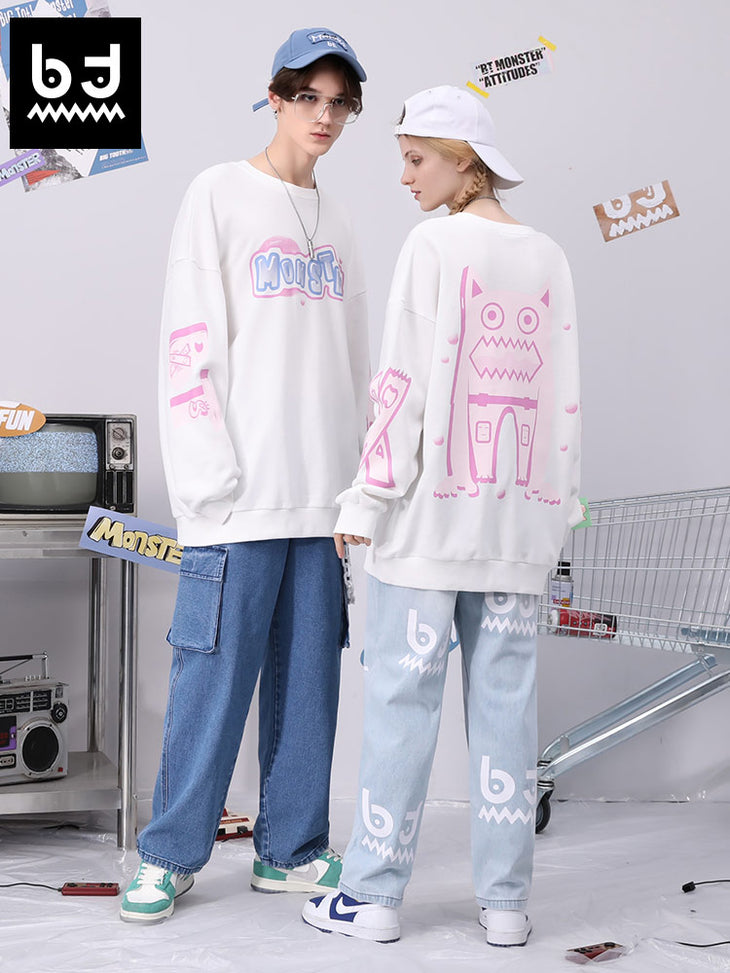 Bigdon pink bubble print crew-neck sleeved cotton hoodie
