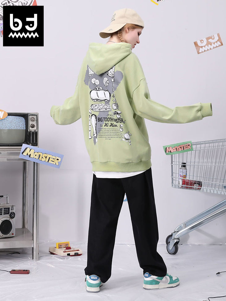 Food graffiti letter-print hoodie with sleeved cotton sweatshirt