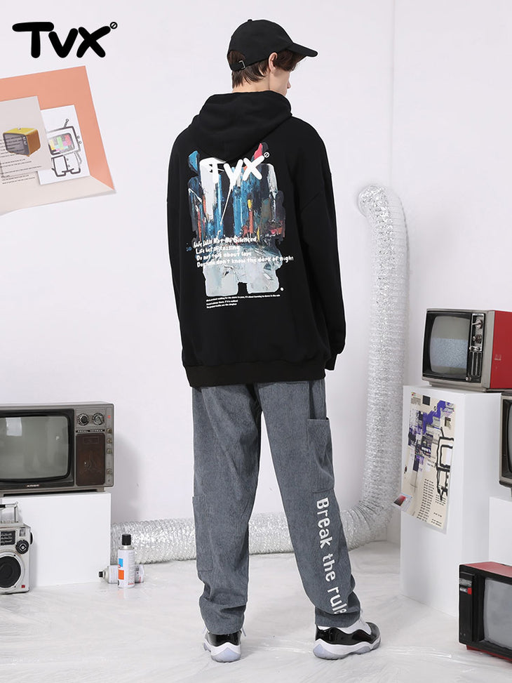 Cargo style multi-pocket alphabet embroidered loose straight tube corduroy casual pants