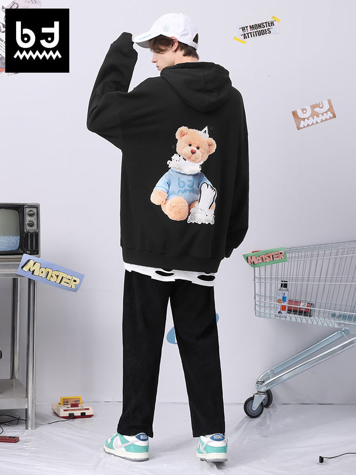 Cotton bear print hoodie with rotator cuff and kangaroo hood