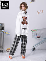 Bear doll monogram embroidered rotund sleeve ribbed cotton hoodie