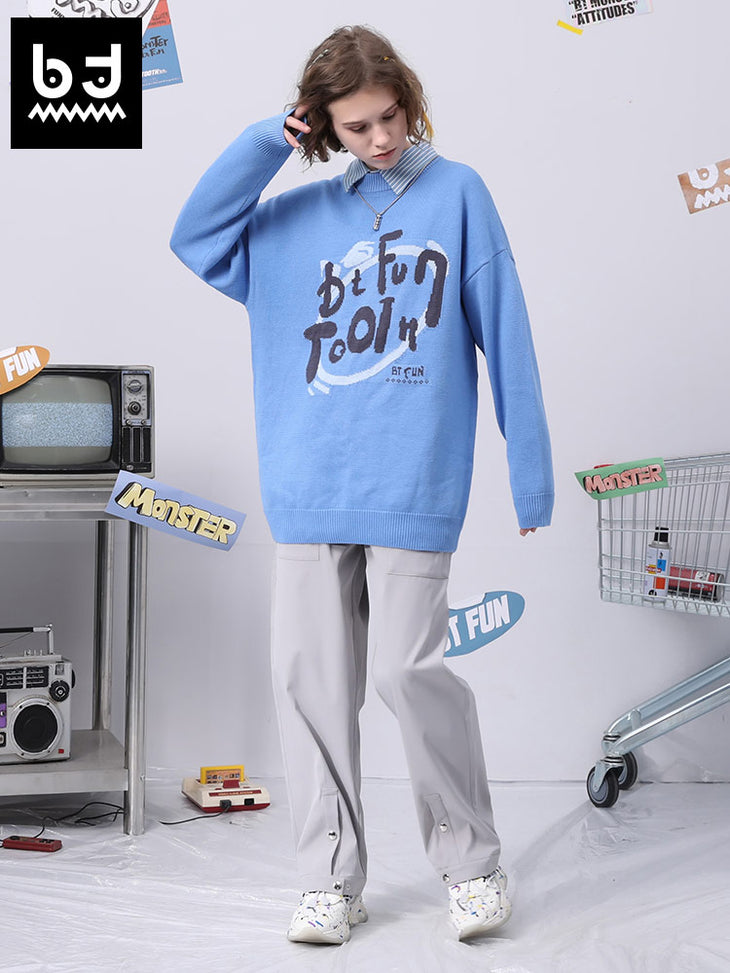 Simple style letter jacquard loose round neck sleeved pullover sweater