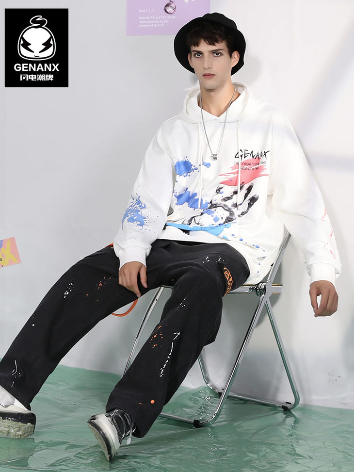 White Splash Ink Print Pullover Hoodies