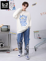 Simple style letter jacquard round neck sleeved solid color pullover sweater