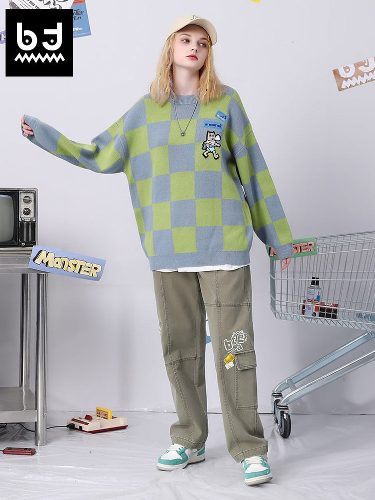 Color contrast patchwork plaid jacquard big-tooth monster graffiti embroider down shoulder sleeve sweater