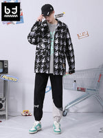 Plaid doodle print work jacket with large pockets with rotator sleeves