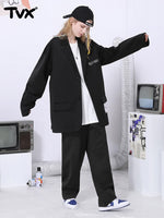 Simple basic TV machine embroidered standard elastic waistband black casual pants