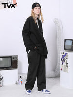 Simple basic TV machine embroidered standard elastic waistband black casual pants