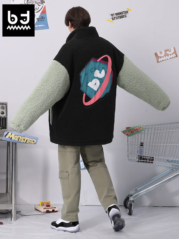 Color contrast patchwork cartoon graffiti embroidered stand-up collar with sleeved lamb wool padded jacket