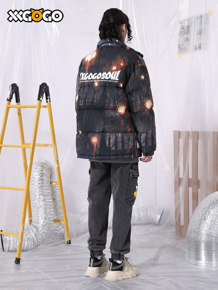 Cyberpunk style colorful printed stand collar white down jacket