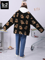 Reversible embroidered bear print drop shoulder imitation denim fleece jacket