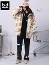Colour contrast stitching full print embroidered bear stand collar lamb wool jacket with shoulder sleeves