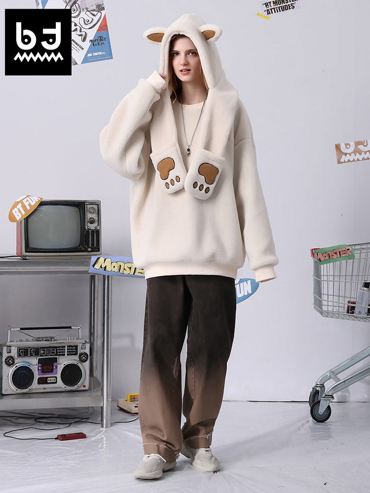 Monogram embroidered lamb wool hoodie with drawdown cuff ribbed