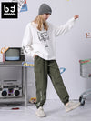 Cargo style letter print loose straight leg stretch leg casual pants