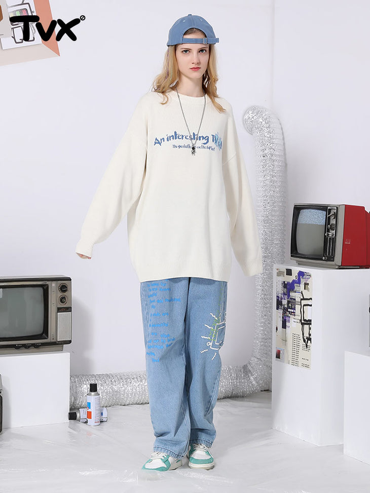 Cartoon TV letter-jacquard pullover with crewneck and sleeved sweater