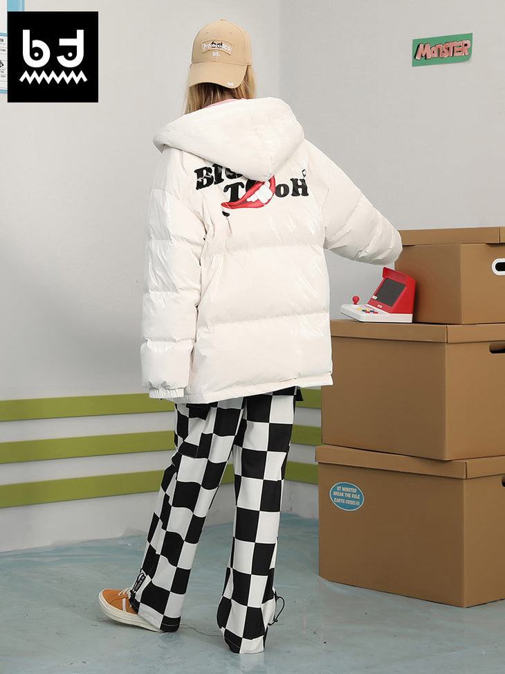 Graffiti letter-print hooded sleeved sleeved sleeved bright padded jacket