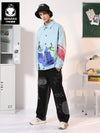 Graffiti Painted Grey-Blue Color Block Couple Jacket