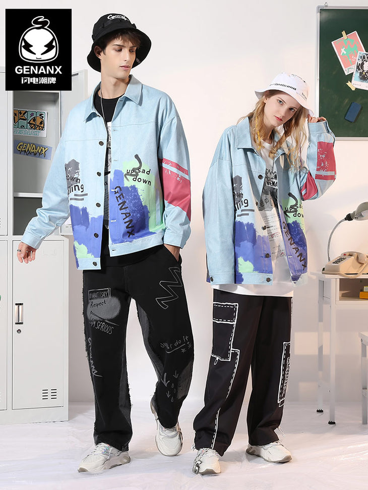 Graffiti Painted Grey-Blue Color Block Couple Jacket