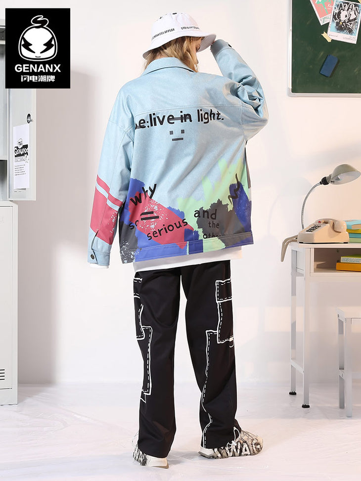 Graffiti Painted Grey-Blue Color Block Couple Jacket