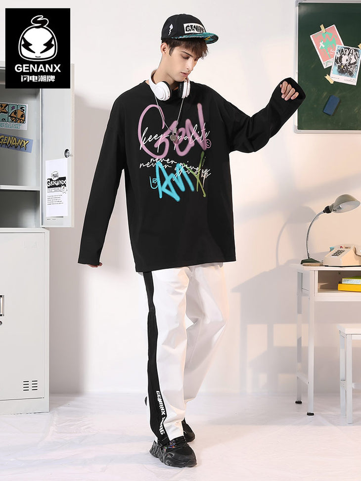 Glitz spray-painted graffiti letter-print loose shoulder neck hoodie