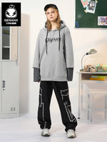 Fake two-piece striped printed hooded sleeved cotton hoodie with different materials and colors