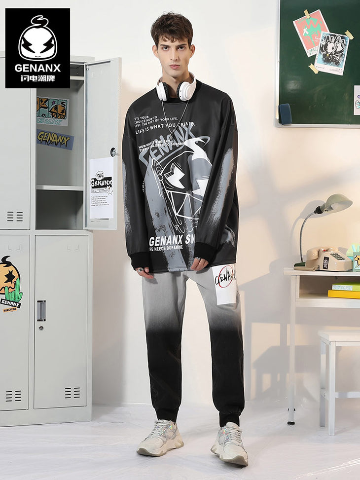 Black Cartoon Drop-Shoulder Sleeve Sweatshirt