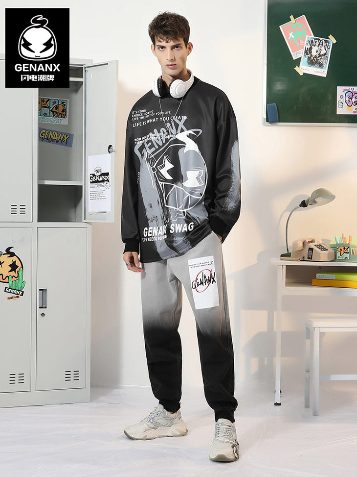 Black Cartoon Drop-Shoulder Sleeve Sweatshirt