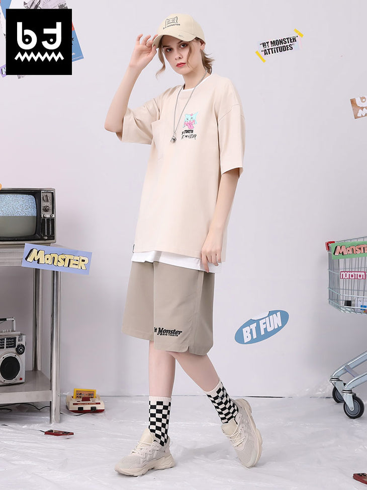 Simple style letter-printed drawstring mid-high waist straight quarter shorts