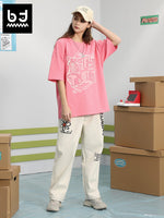 Simple style graffiti letter-printed round neck sleeved cotton solid color T-shirt