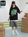 Simple style graffiti letter-printed round neck sleeved cotton solid color T-shirt