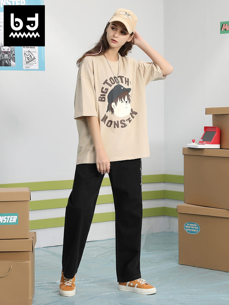 Simple cartoon character letter-printed round neck sleeved cotton T-shirt