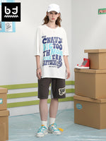 Micro tide style cartoon letter print multi-color cotton round neck T-shirt