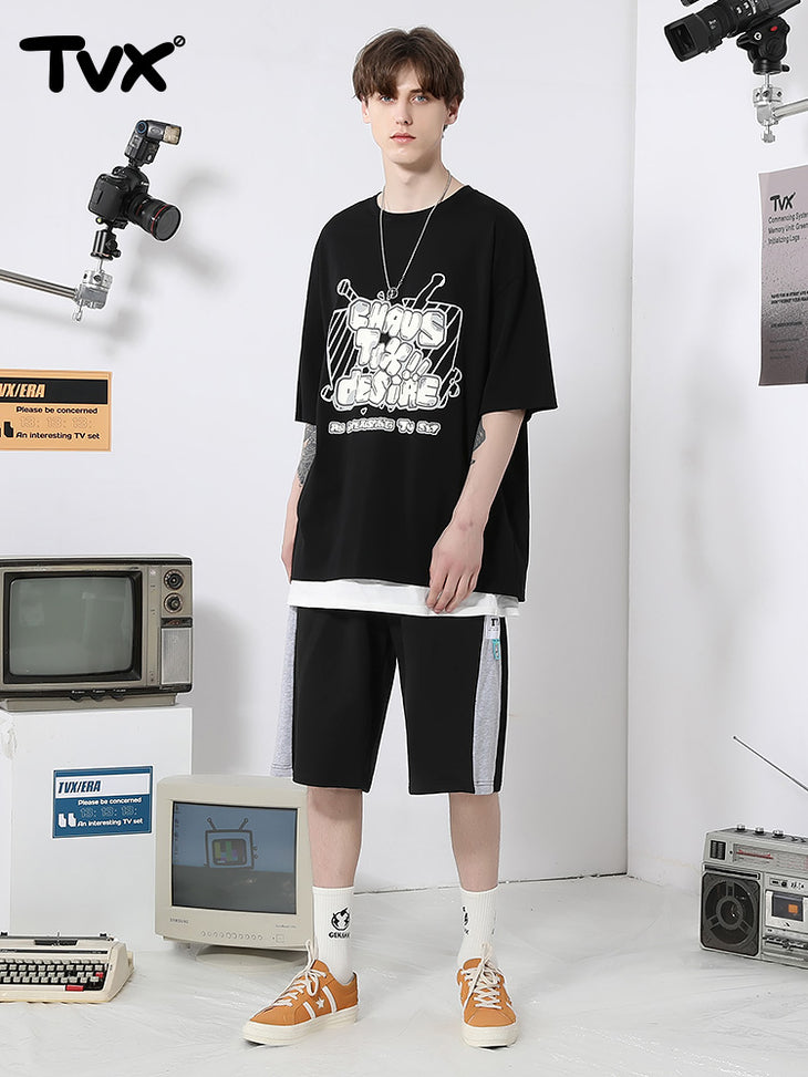 Simple basic black and gray color contrast letters TV stick cloth cotton shorts