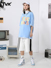 Black and white contrasting color side stripes letter-printed cotton couple quarter pants