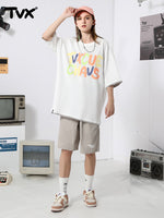 Cotton T-shirt with candy-colored monogram print and patchwork cuff hem