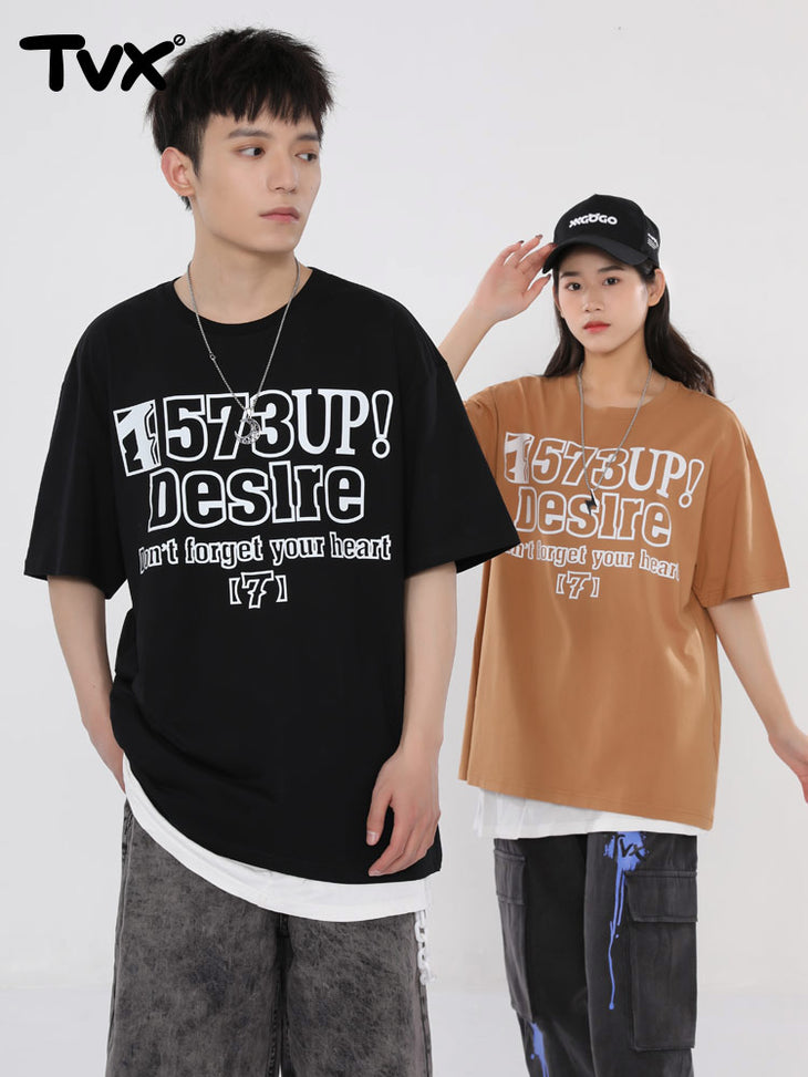 Street style digital English print loose sleeved cotton T-shirt