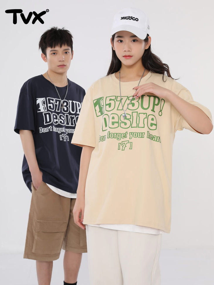 Street style digital English print loose sleeved cotton T-shirt