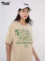 Street style digital English print loose sleeved cotton T-shirt