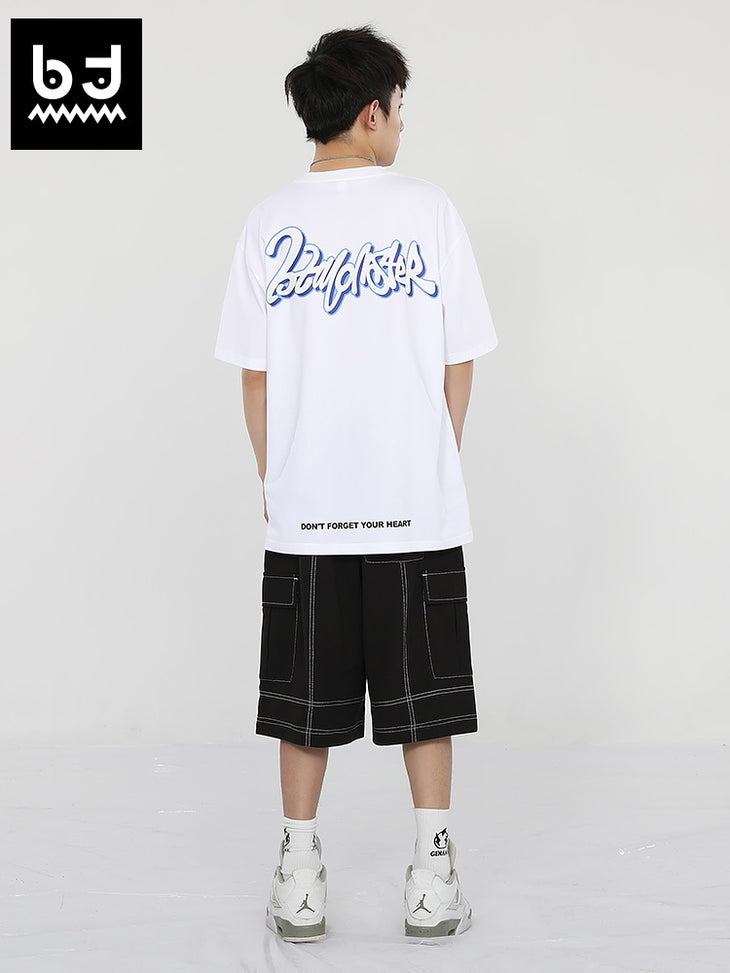 Street style English letter print loose sleeved cotton T-shirt