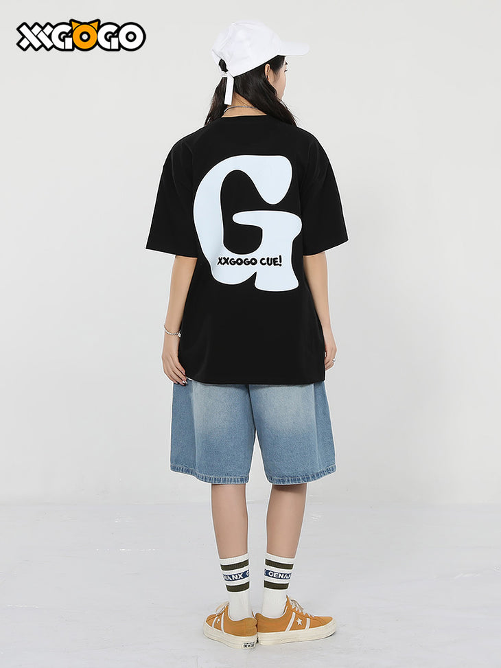 Letter G printed loose sleeved cotton round neck T-shirt