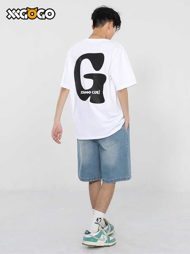 Letter G printed loose sleeved cotton round neck T-shirt